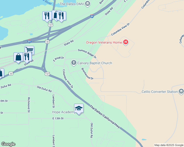 map of restaurants, bars, coffee shops, grocery stores, and more near 3510 Royal Crest Drive East in The Dalles