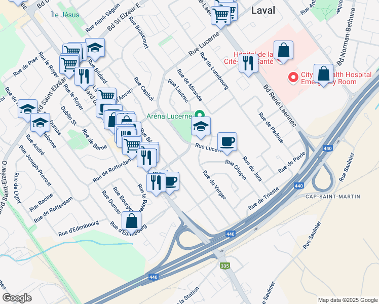 map of restaurants, bars, coffee shops, grocery stores, and more near 189 Rue de Gentilly in Laval