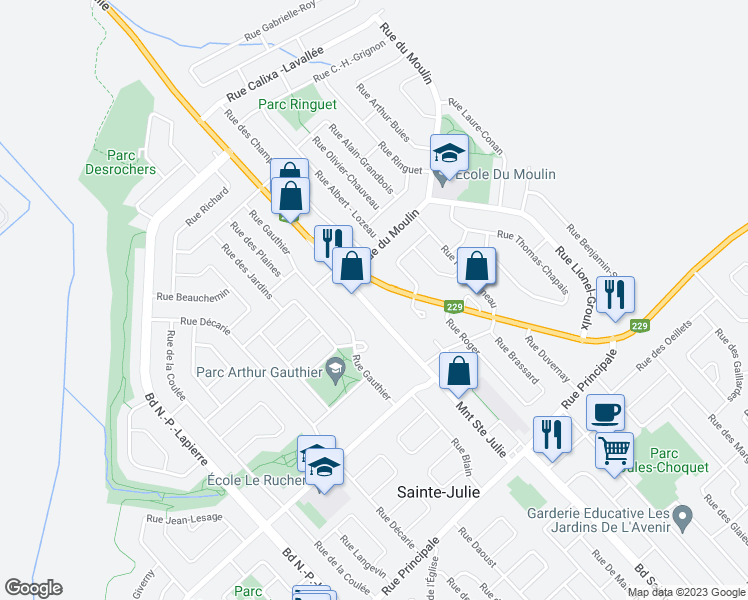 map of restaurants, bars, coffee shops, grocery stores, and more near 841 Montée Sainte-Julie in Sainte-Julie