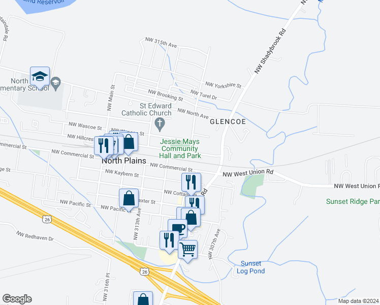 map of restaurants, bars, coffee shops, grocery stores, and more near Northwest 309th Avenue in North Plains
