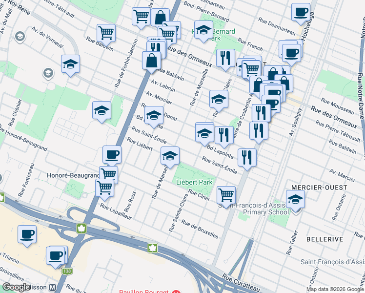 map of restaurants, bars, coffee shops, grocery stores, and more near 2963 Rue Saint-Émile in Montréal