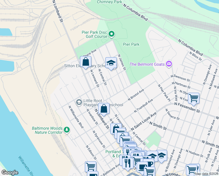 map of restaurants, bars, coffee shops, grocery stores, and more near 9804 North Hudson Street in Portland