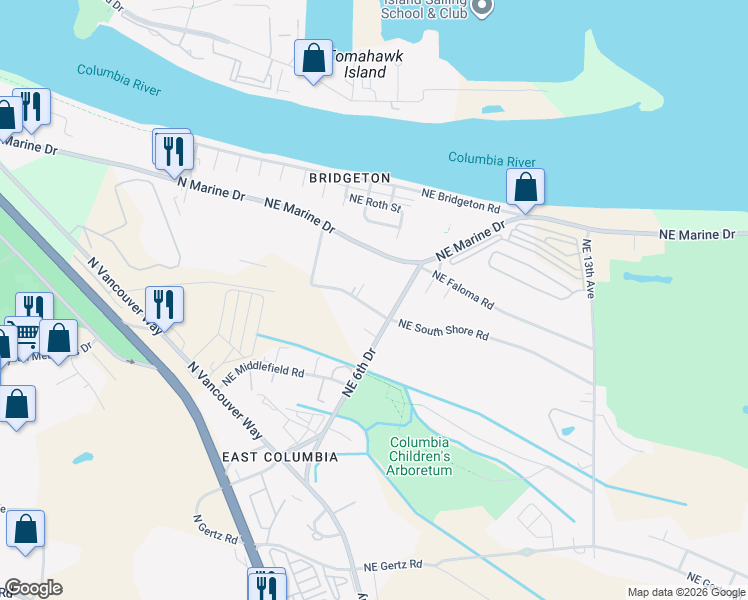 map of restaurants, bars, coffee shops, grocery stores, and more near 339 Northeast South Shore Road in Portland