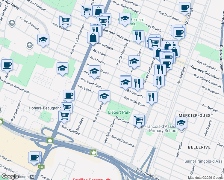 map of restaurants, bars, coffee shops, grocery stores, and more near 2963 Rue Saint-Émile in Montréal