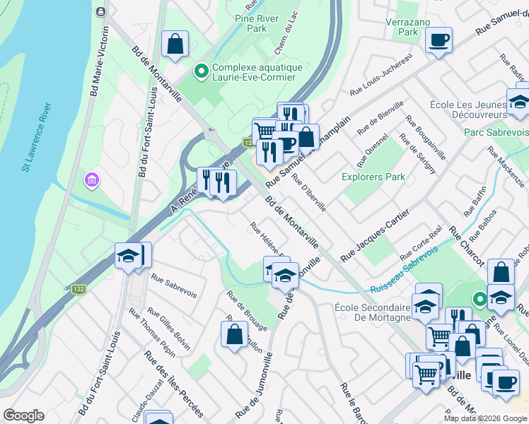 map of restaurants, bars, coffee shops, grocery stores, and more near 800 Boulevard de Montarville in Boucherville