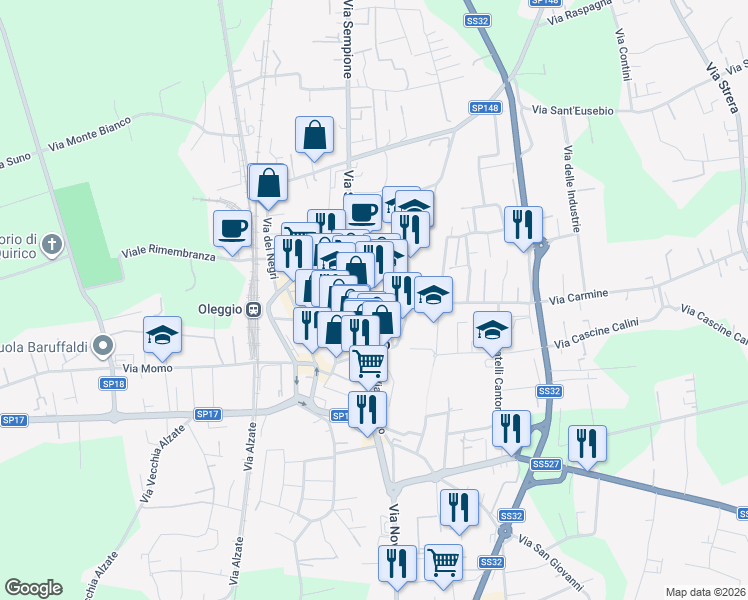 map of restaurants, bars, coffee shops, grocery stores, and more near 58 Corso Giacomo Matteotti in Oleggio