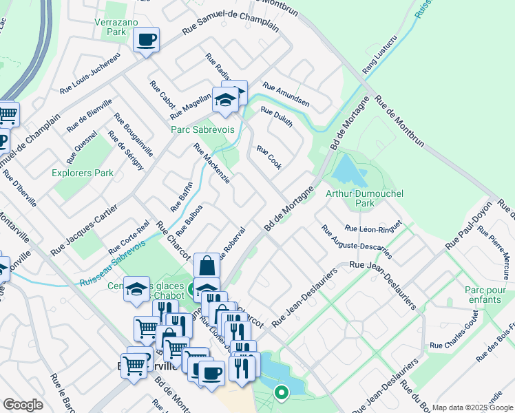 map of restaurants, bars, coffee shops, grocery stores, and more near 651 Rue de Roberval in Boucherville