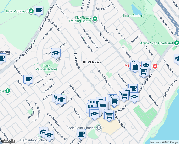 map of restaurants, bars, coffee shops, grocery stores, and more near 1290 Croissant Deauville in Laval