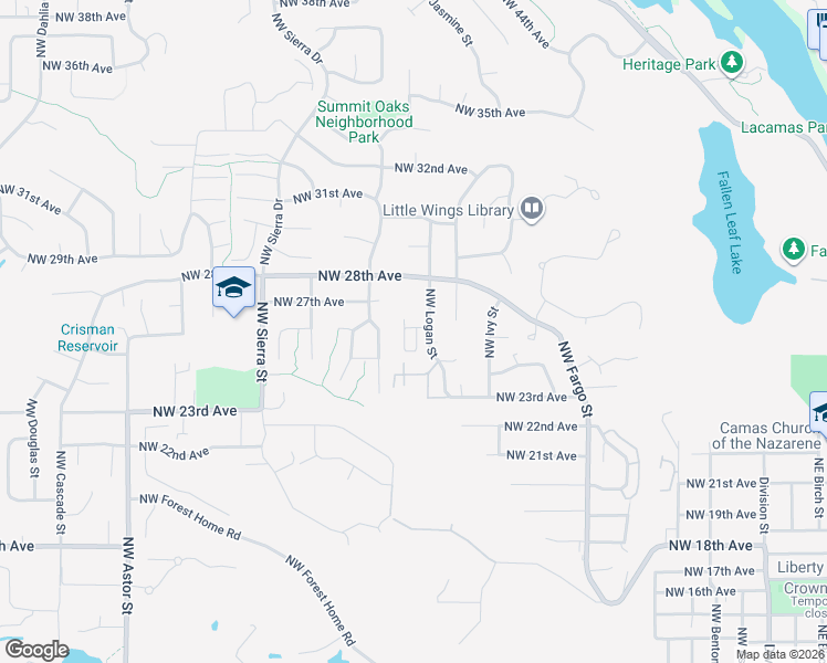 map of restaurants, bars, coffee shops, grocery stores, and more near 2623 Northwest Magnolia Street in Camas