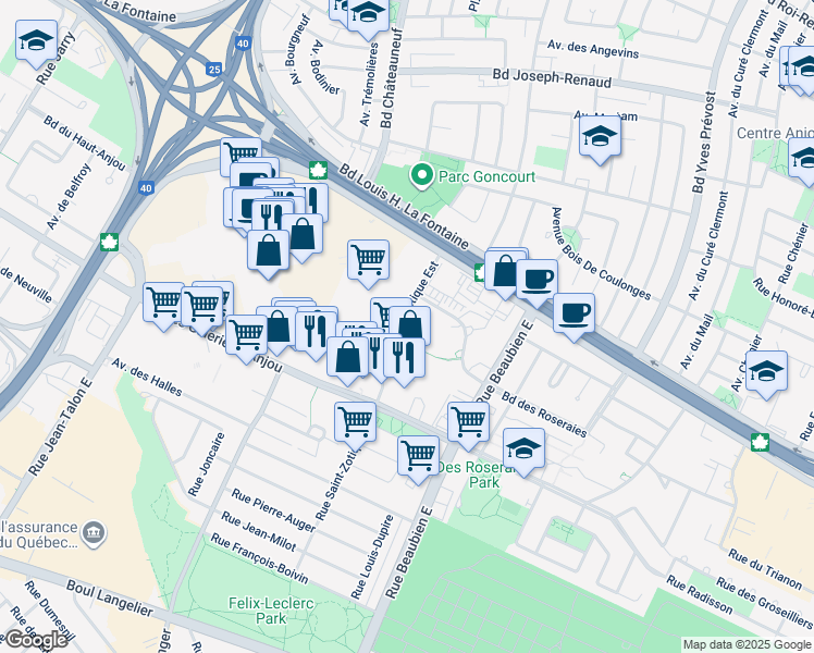 map of restaurants, bars, coffee shops, grocery stores, and more near 7360 Rue Saint-Zotique Est in Montréal