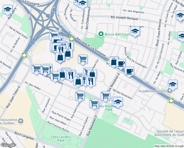 map of restaurants, bars, coffee shops, grocery stores, and more near 7360 Rue Saint-Zotique Est in Montréal