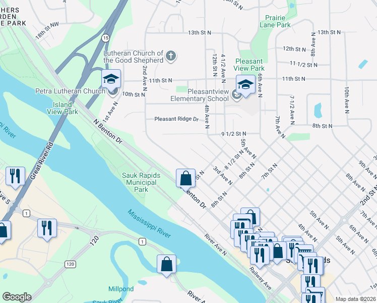 map of restaurants, bars, coffee shops, grocery stores, and more near 943 3rd Avenue North in Sauk Rapids