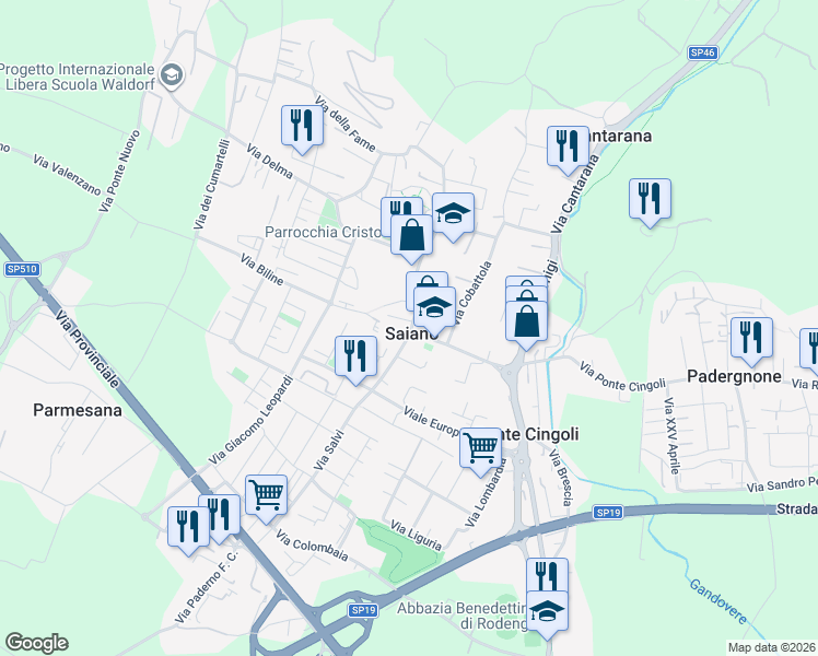 map of restaurants, bars, coffee shops, grocery stores, and more near 46A Via Castello in Ponte Cingoli