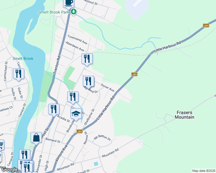 map of restaurants, bars, coffee shops, grocery stores, and more near 52 Dover Avenue in New Glasgow
