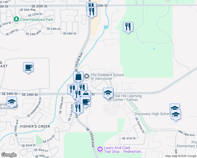 map of restaurants, bars, coffee shops, grocery stores, and more near 19405 Southeast 31st Drive in Camas