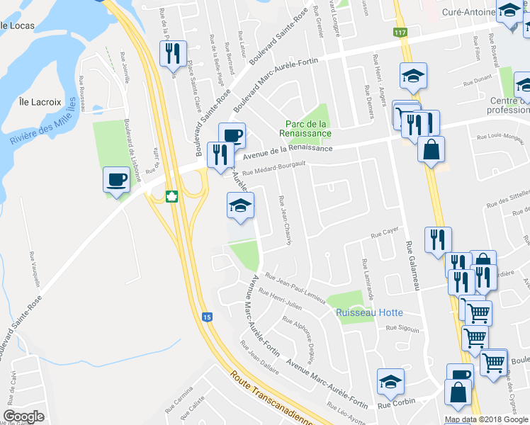 map of restaurants, bars, coffee shops, grocery stores, and more near 311 Rue Arthur-Villeneuve in Laval