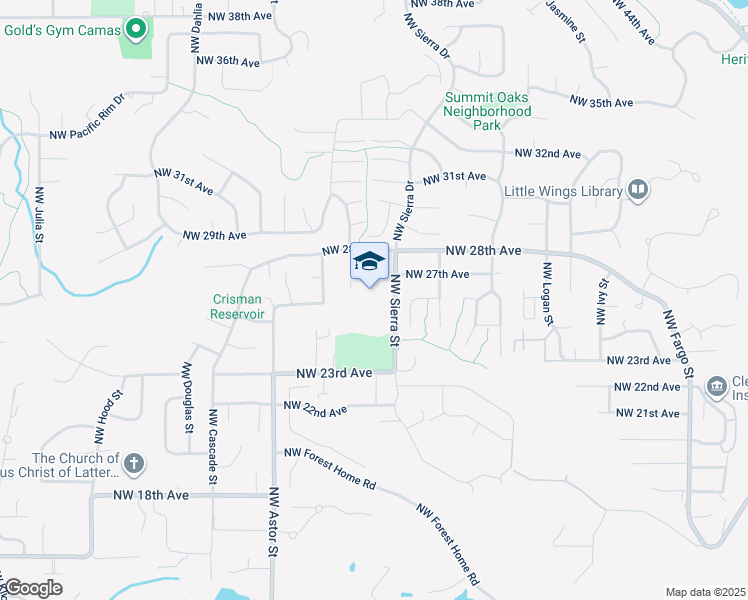 map of restaurants, bars, coffee shops, grocery stores, and more near 2623 Northwest Sierra Street in Camas
