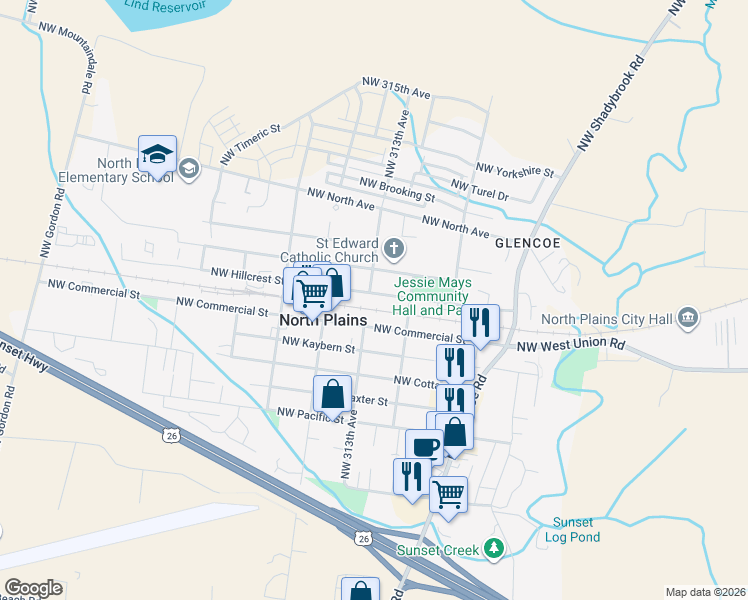 map of restaurants, bars, coffee shops, grocery stores, and more near 31280 Northwest Hillcrest Street in North Plains