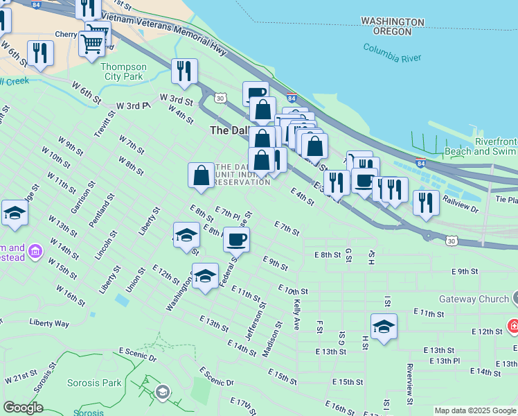 map of restaurants, bars, coffee shops, grocery stores, and more near 317 East 7th Street in The Dalles