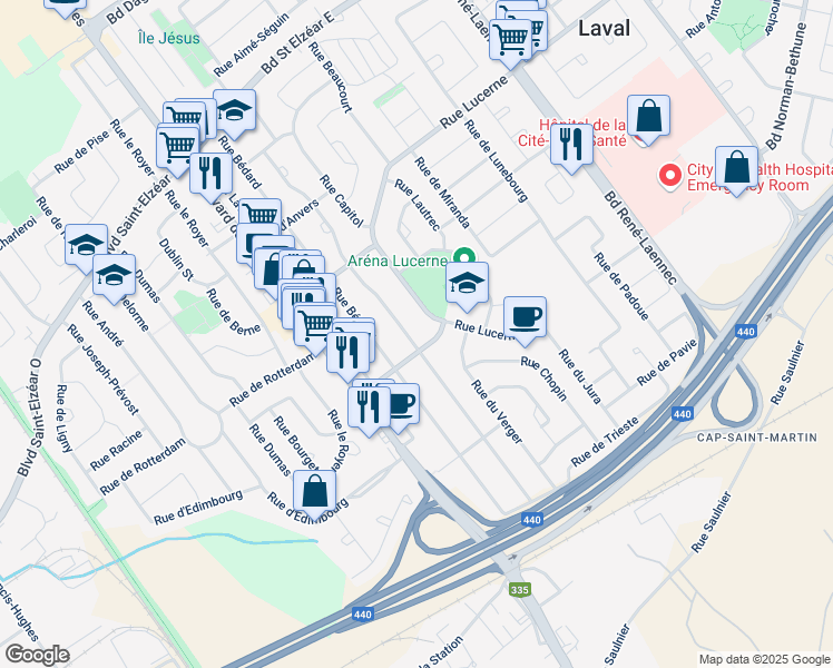 map of restaurants, bars, coffee shops, grocery stores, and more near 1713 Rue Boisvert in Laval