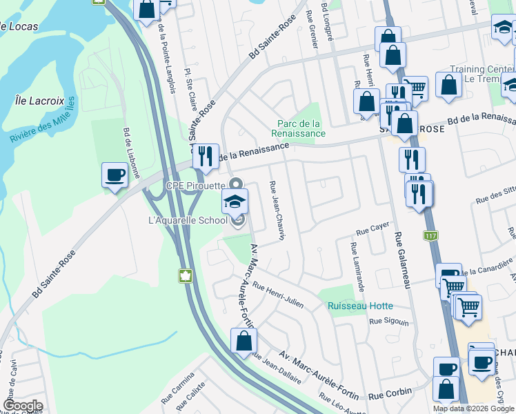 map of restaurants, bars, coffee shops, grocery stores, and more near 311 Rue Arthur-Villeneuve in Laval