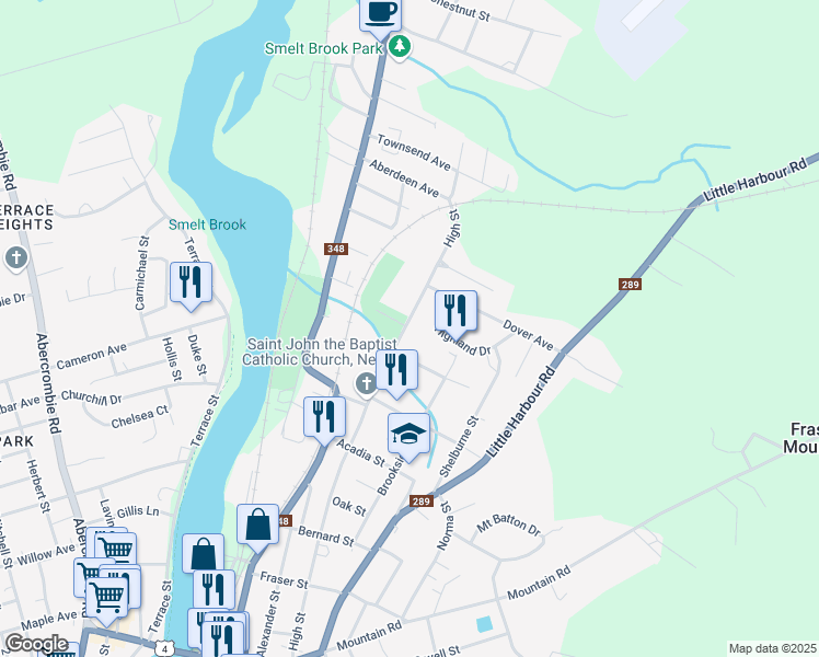 map of restaurants, bars, coffee shops, grocery stores, and more near 491 High Street in New Glasgow