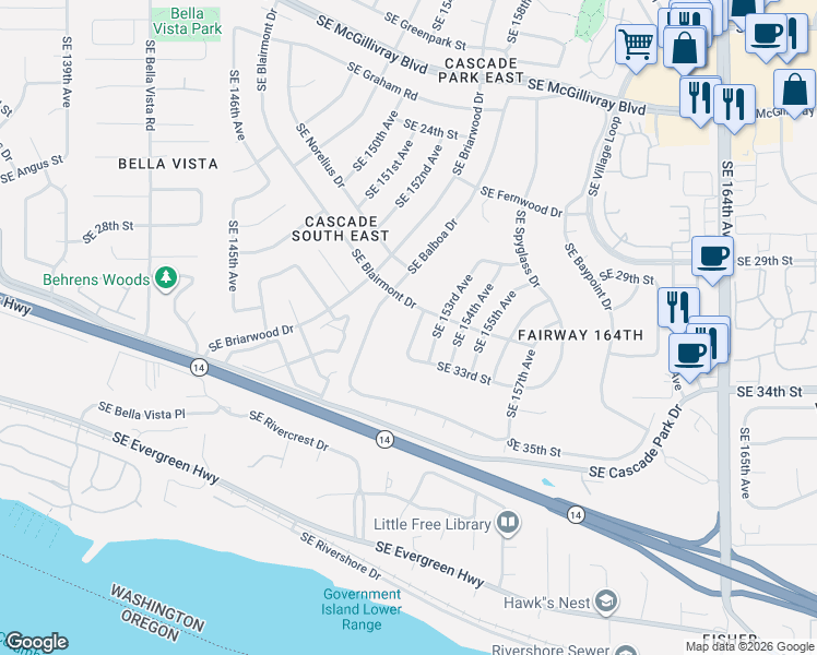 map of restaurants, bars, coffee shops, grocery stores, and more near 3111 Southeast Balboa Drive in Vancouver