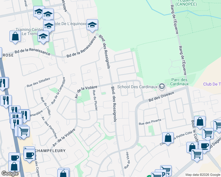 map of restaurants, bars, coffee shops, grocery stores, and more near 6130 Boulevard des Rossignols in Laval