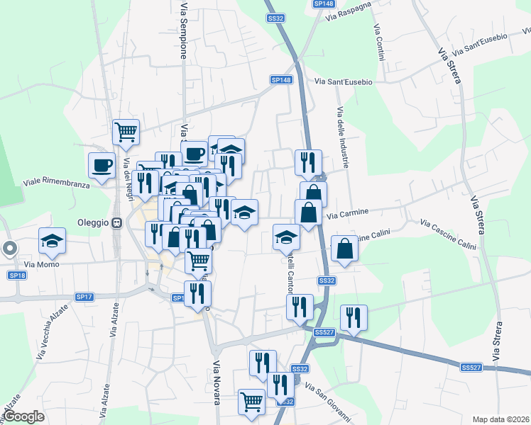 map of restaurants, bars, coffee shops, grocery stores, and more near 62 Via Luigi Sante Colonna in Oleggio
