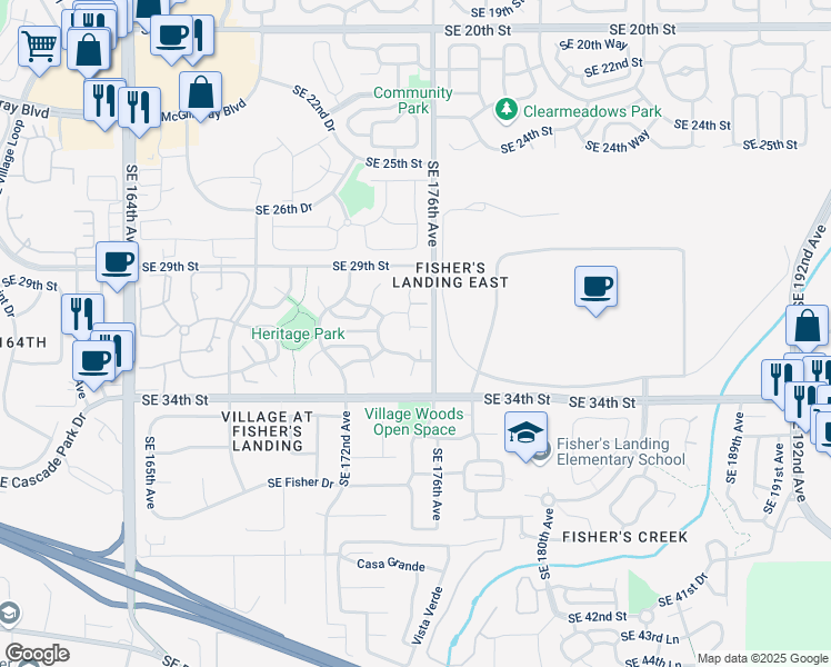 map of restaurants, bars, coffee shops, grocery stores, and more near 17501 Southeast 31st Circle in Vancouver
