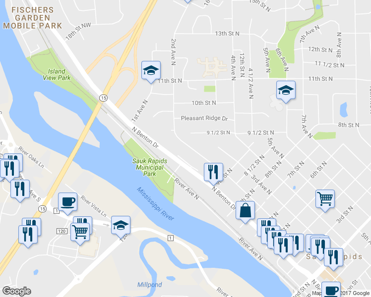 map of restaurants, bars, coffee shops, grocery stores, and more near 1017 2nd Avenue North in Sauk Rapids