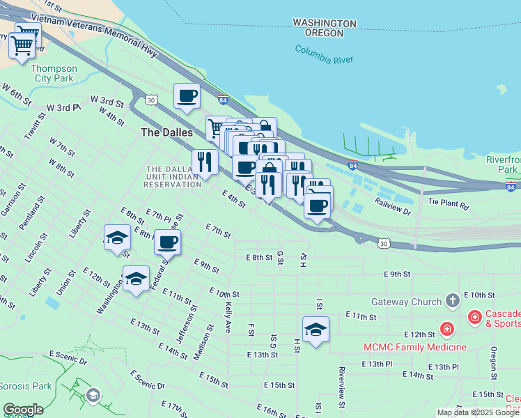 map of restaurants, bars, coffee shops, grocery stores, and more near 410 Jefferson Street in The Dalles