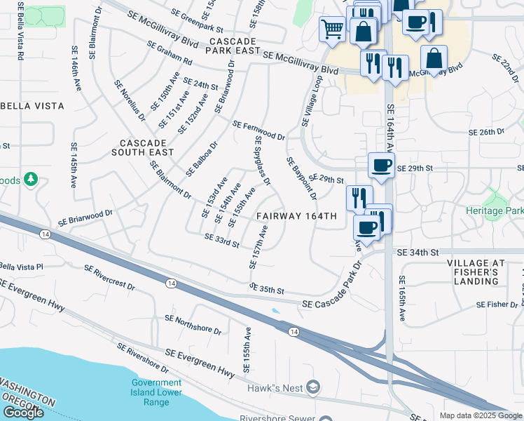 map of restaurants, bars, coffee shops, grocery stores, and more near 3006 Southeast 157th Avenue in Vancouver
