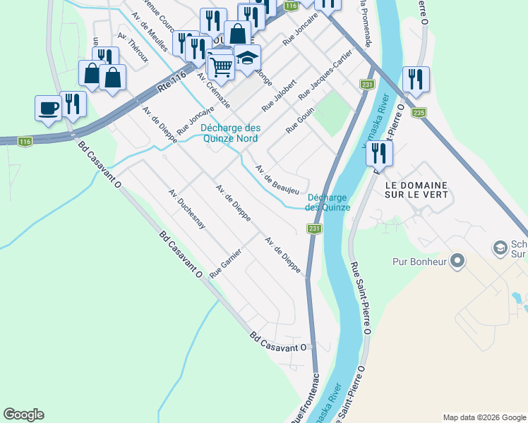 map of restaurants, bars, coffee shops, grocery stores, and more near 325 Avenue Denonville in Saint-Hyacinthe