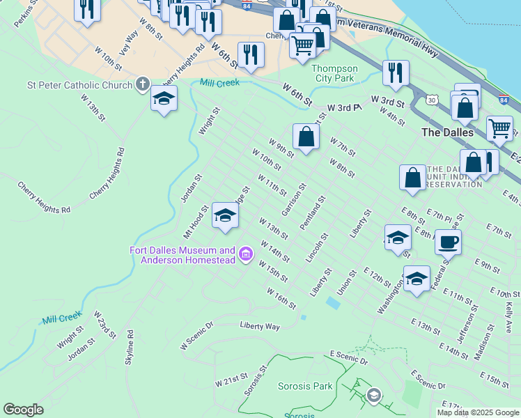 map of restaurants, bars, coffee shops, grocery stores, and more near 1307 Trevitt Street in The Dalles