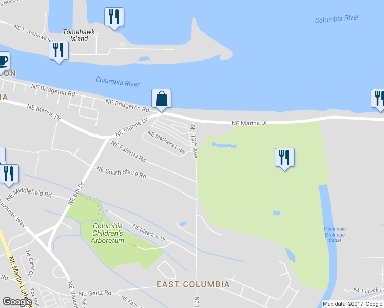 map of restaurants, bars, coffee shops, grocery stores, and more near 1218 Northeast Mariners Loop in Portland