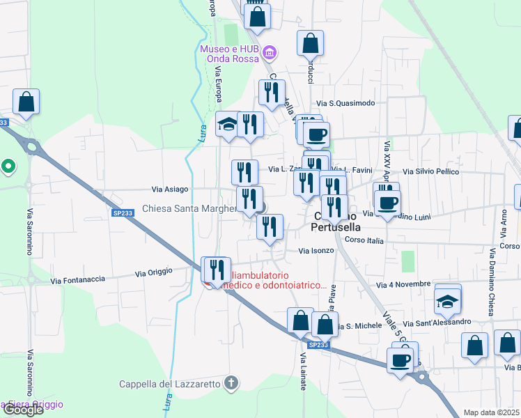map of restaurants, bars, coffee shops, grocery stores, and more near 43 Via Pola in Caronno Pertusella