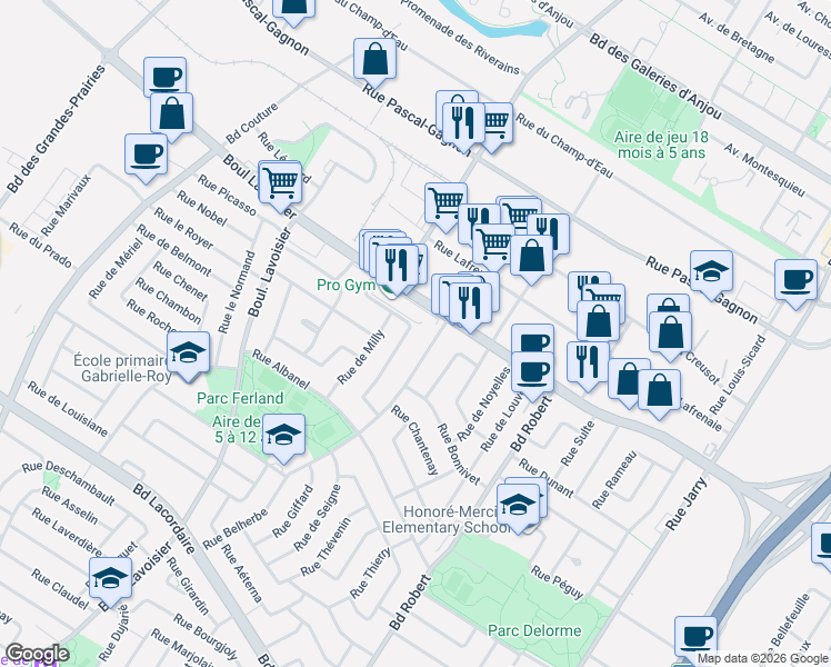 map of restaurants, bars, coffee shops, grocery stores, and more near 6356a Rue du Val Marie in Montréal