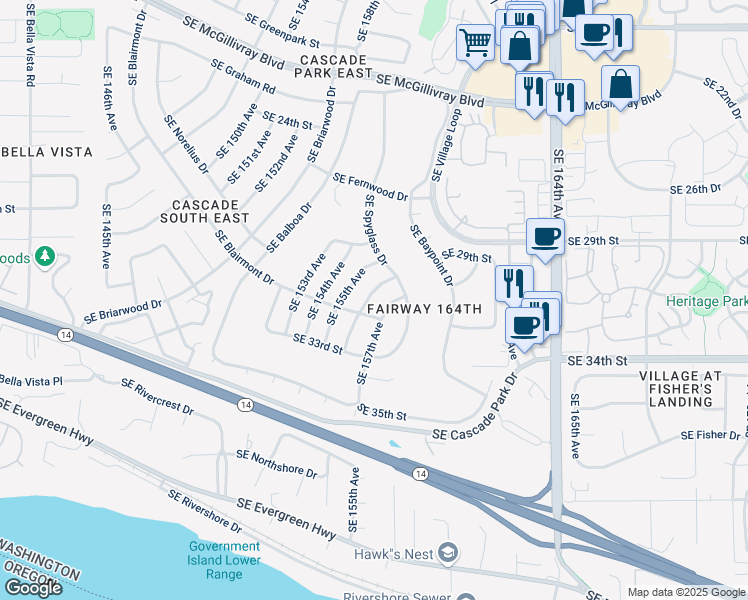 map of restaurants, bars, coffee shops, grocery stores, and more near 3006 Southeast 157th Avenue in Vancouver