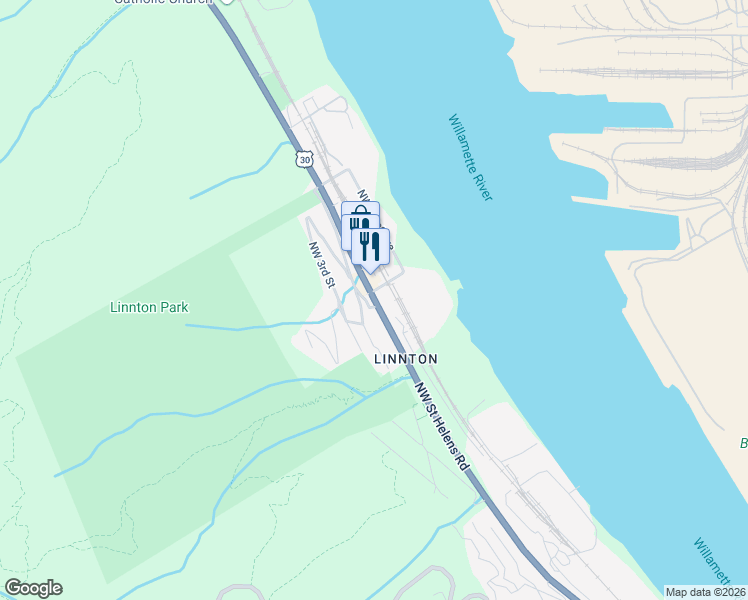 map of restaurants, bars, coffee shops, grocery stores, and more near 10614 Northwest Saint Helens Road in Portland