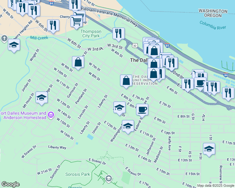 map of restaurants, bars, coffee shops, grocery stores, and more near 102 East 8th Street in The Dalles