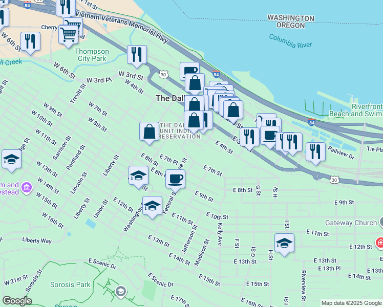 map of restaurants, bars, coffee shops, grocery stores, and more near 317 East 7th Street in The Dalles