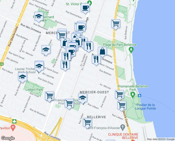 map of restaurants, bars, coffee shops, grocery stores, and more near 2219 Avenue Lebrun in Montréal