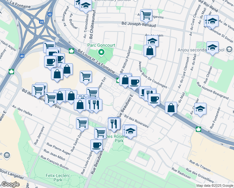 map of restaurants, bars, coffee shops, grocery stores, and more near 6901 Boulevard des Roseraies in Montréal