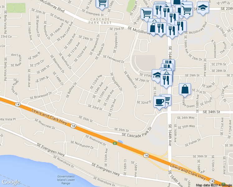 map of restaurants, bars, coffee shops, grocery stores, and more near 3006 SE 157th Ave in Vancouver