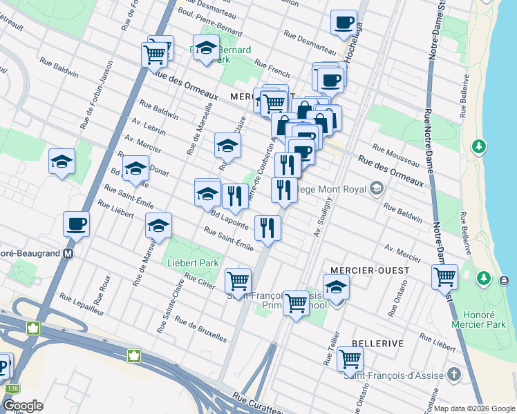 map of restaurants, bars, coffee shops, grocery stores, and more near 2581 Rue Saint-Donat in Montréal