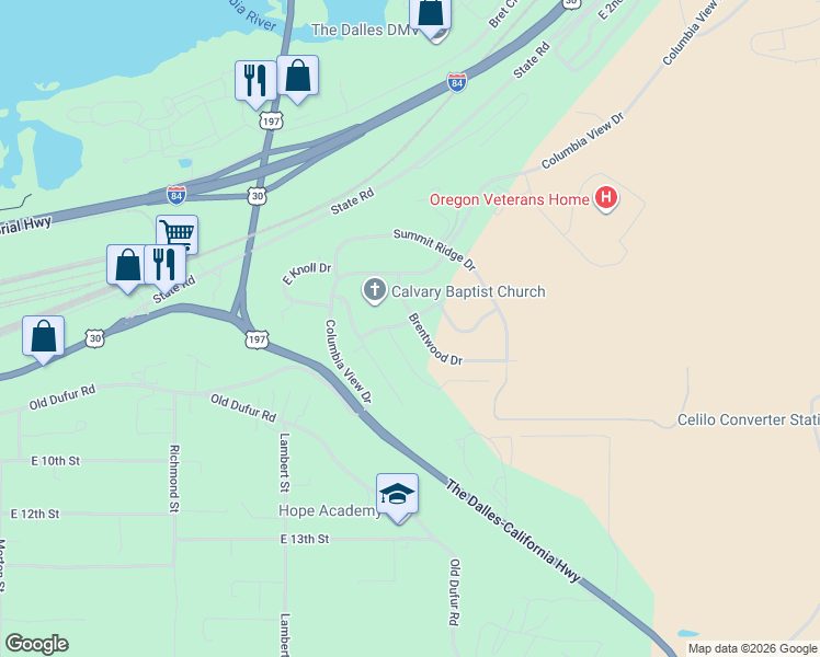 map of restaurants, bars, coffee shops, grocery stores, and more near 3308 Royal Crest Drive East in The Dalles