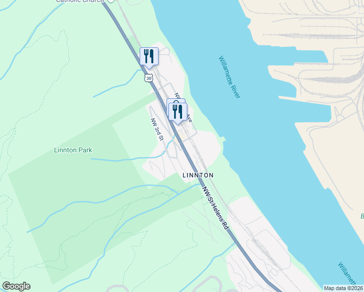 map of restaurants, bars, coffee shops, grocery stores, and more near 10614 Northwest Saint Helens Road in Portland