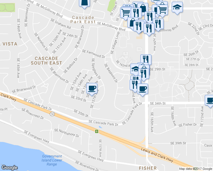 map of restaurants, bars, coffee shops, grocery stores, and more near 3011 Southeast Spyglass Drive in Vancouver