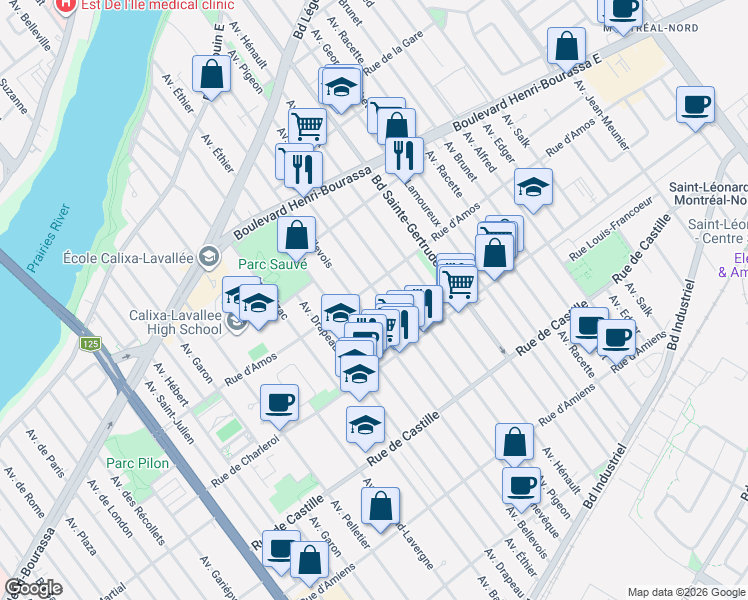 map of restaurants, bars, coffee shops, grocery stores, and more near 11244 Avenue l'Archevêque in Montréal